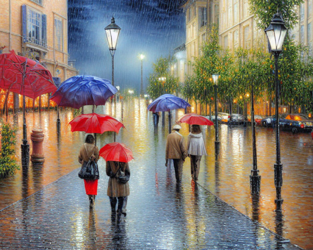 Colorful umbrellas on rain-soaked street with glowing lamps and trees