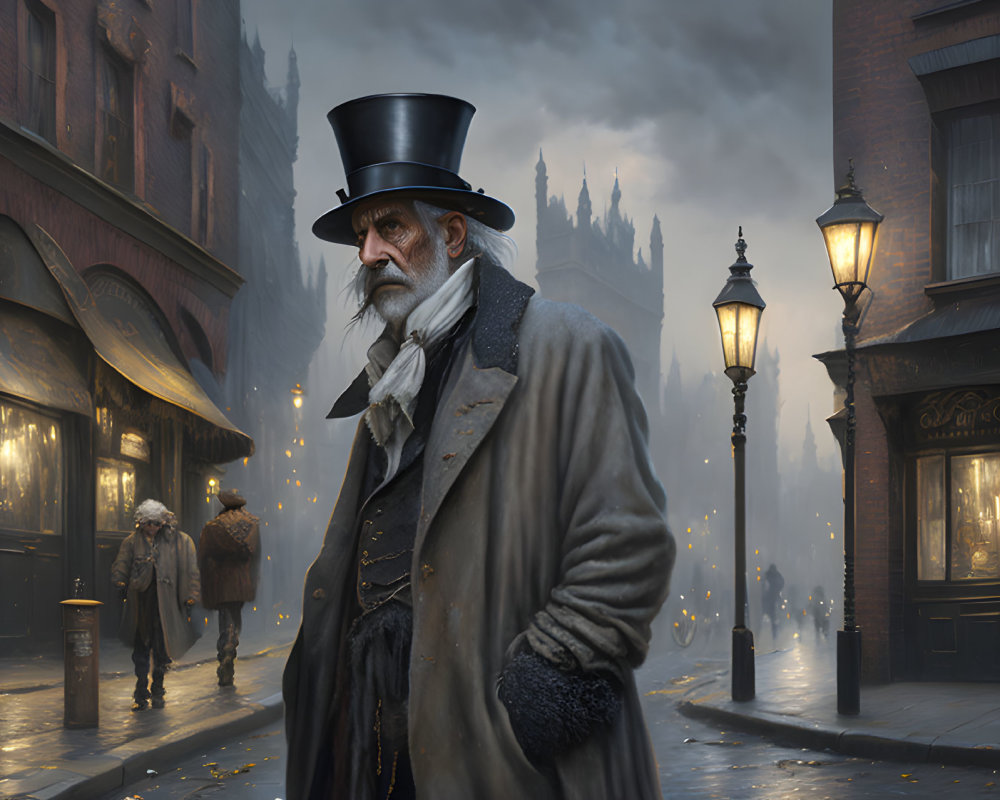 Elderly man in top hat on foggy Victorian street
