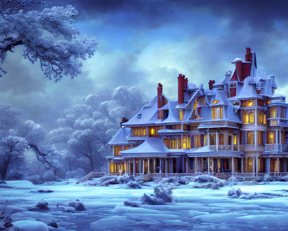 Victorian-style house in snowy twilight with frost-covered trees