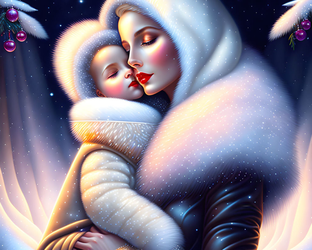 Illustration of woman with child in wintry scene