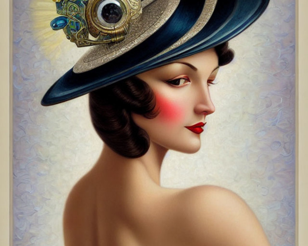 Colorful vintage portrait of a woman in ornate hat with flowers and peacock feather