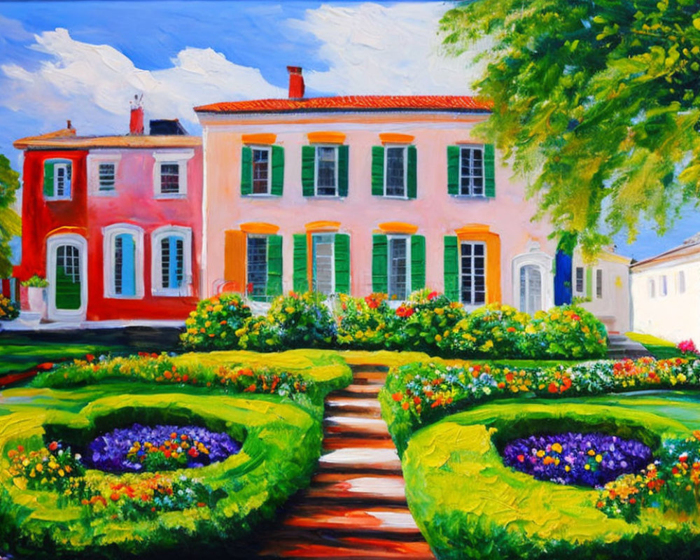 Vibrant garden painting with symmetrical flowerbeds and pink house
