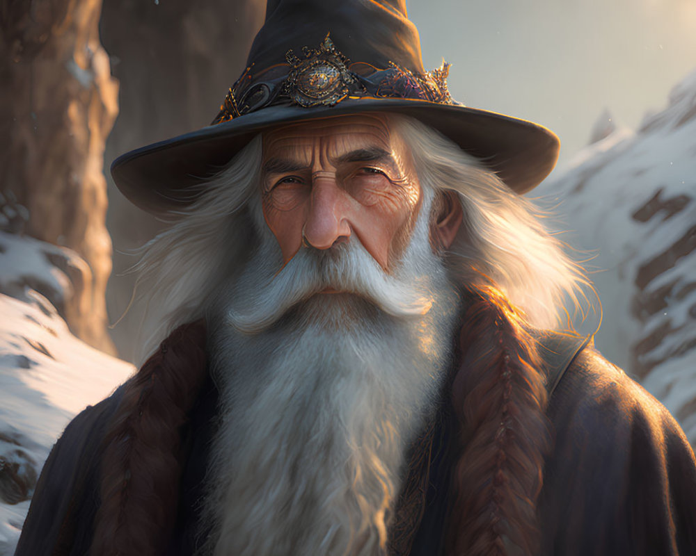 Elderly wizard with long white beard and detailed hat in snowy mountain landscape