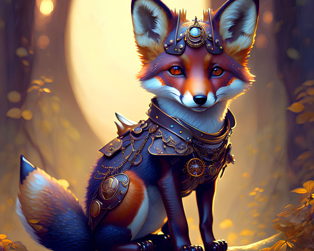 Anthropomorphic fox in steampunk armor surrounded by autumn leaves