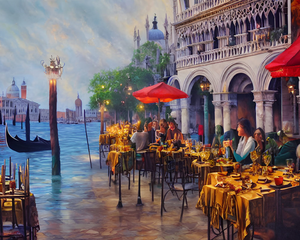 Canal-side outdoor dining in Venice with red umbrellas, gondola, and historic architecture.