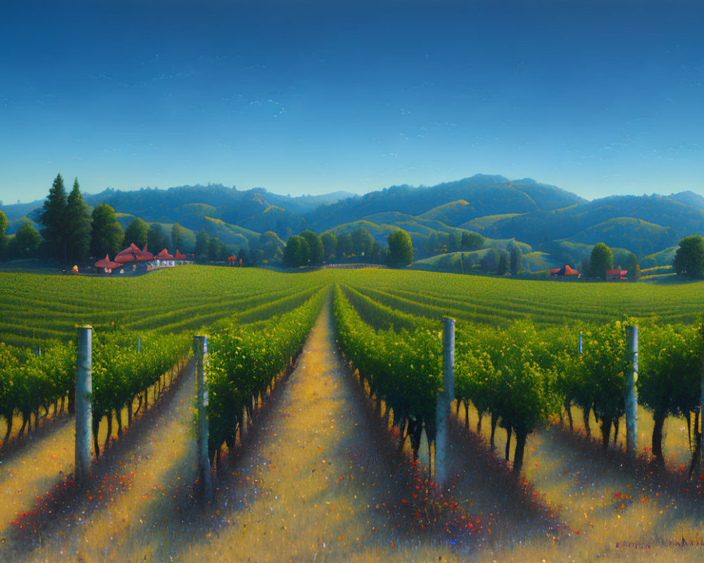 Scenic vineyard rows with rural houses and mountains under blue sky