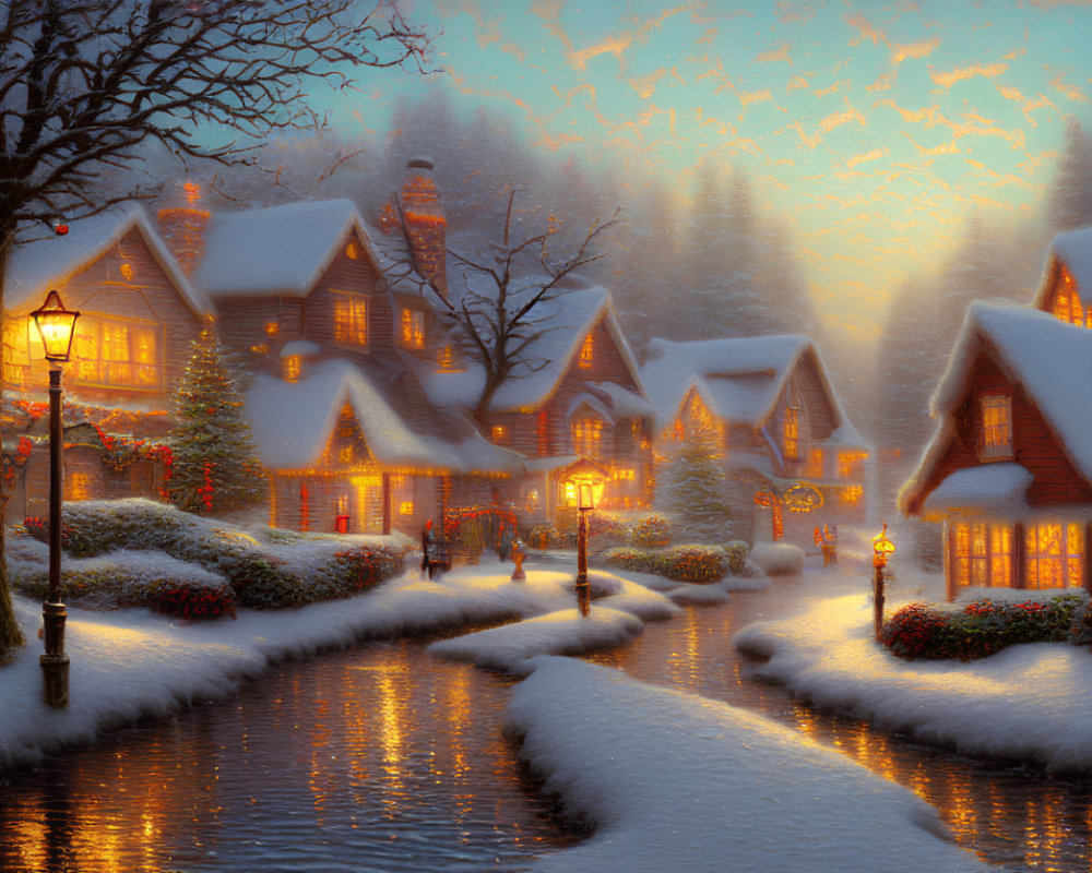 Snowy village with warmly lit cottages in twilight hues