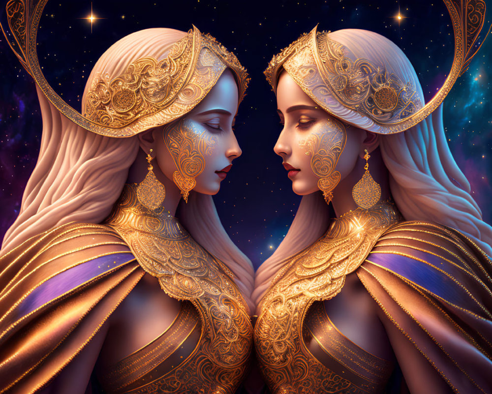Symmetrical female figures with golden headpieces in fantasy setting