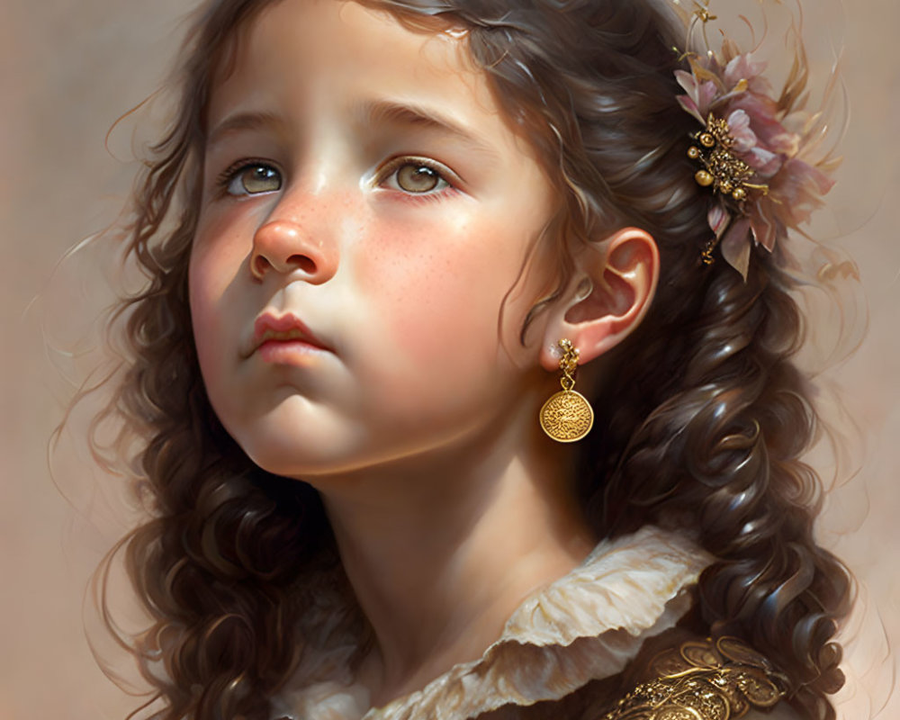 Young girl with curly hair in vintage dress and gold earring