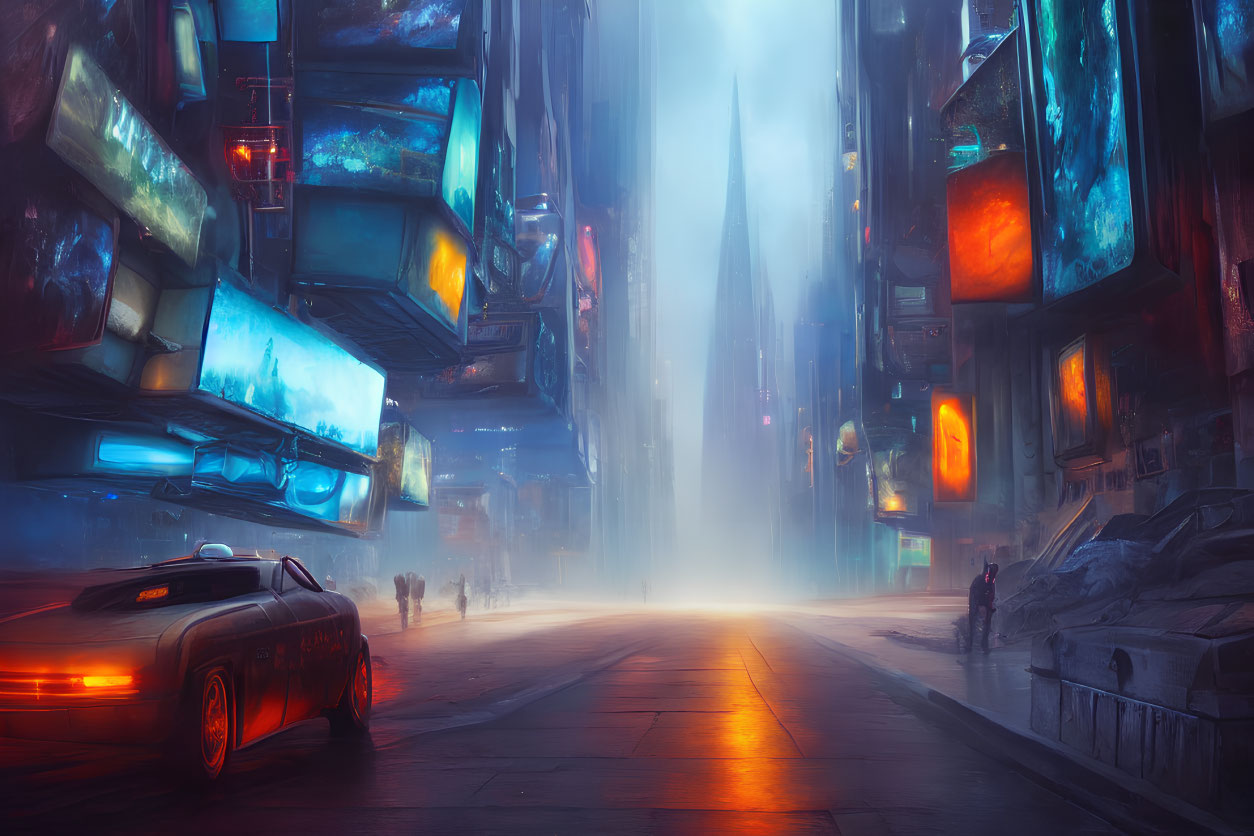 Futuristic cyberpunk cityscape with neon signs, sleek car, pedestrians, and foggy skyline