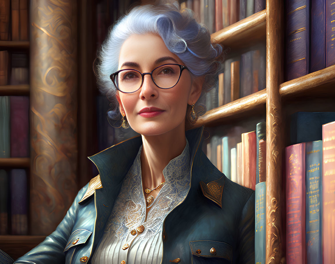 Elderly Woman with Blue Hair and Glasses in Teal Jacket by Bookshelf