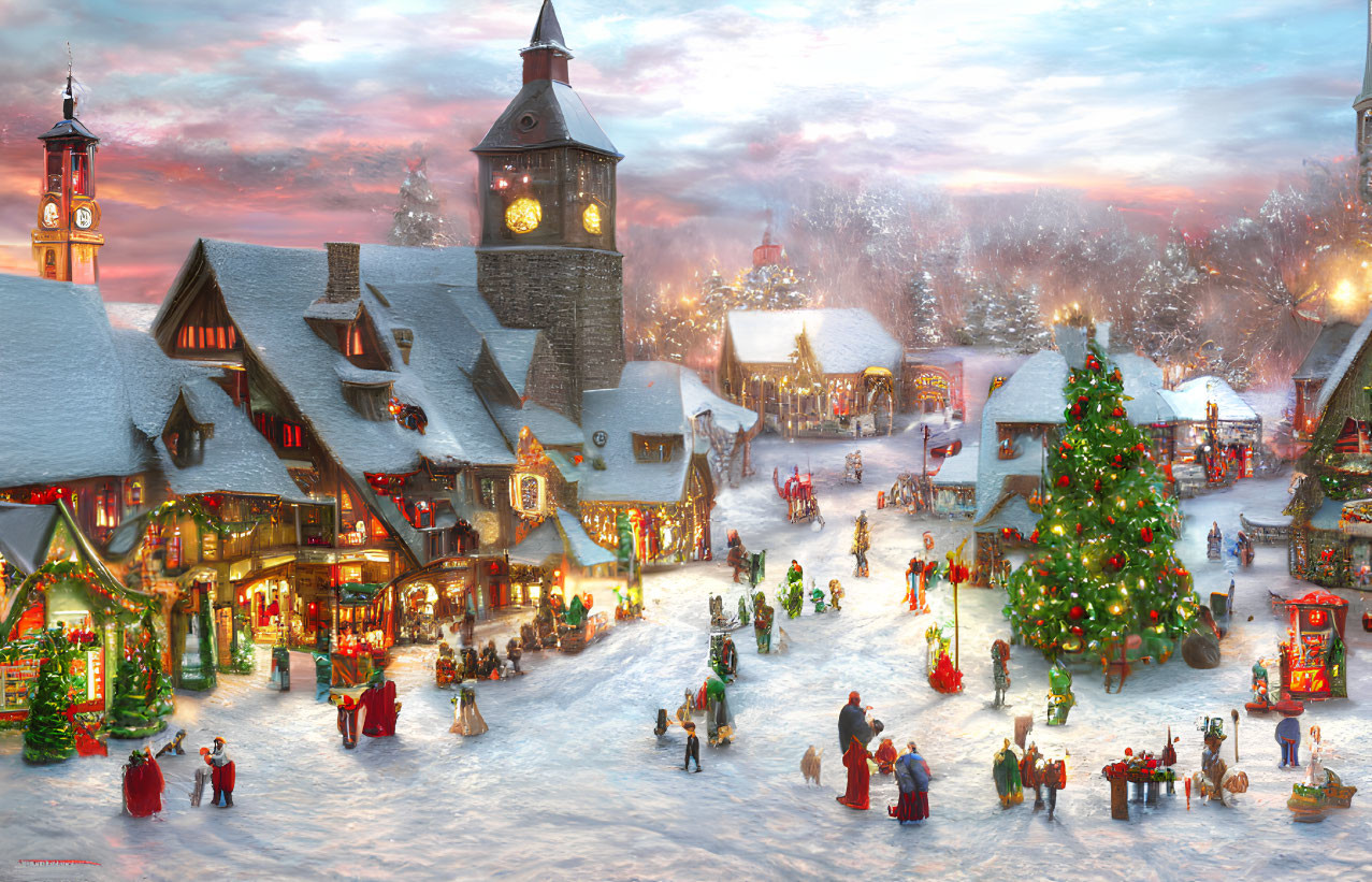 Christmas Market Village Scene with Snow-Covered Buildings and Glowing Lights