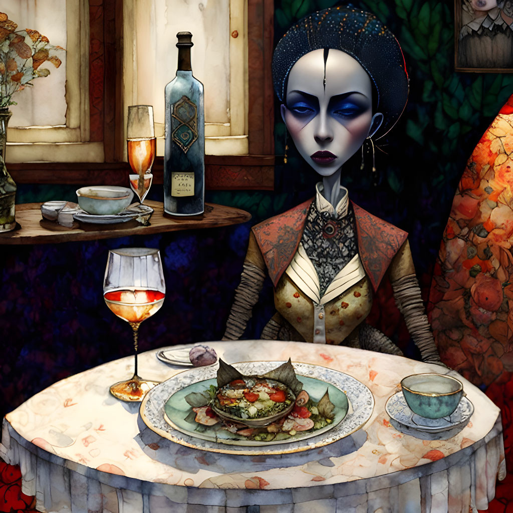 Blue-skinned female humanoid with elaborate headpiece at ornate table with wine and vintage dinnerware.
