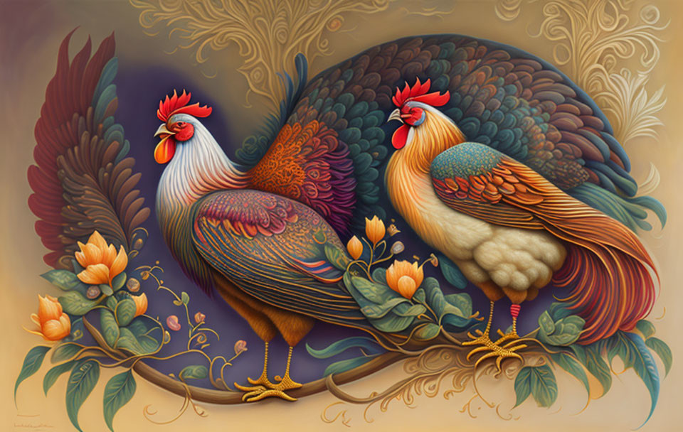 Vibrant Roosters Illustration with Elaborate Feathers and Floral Patterns
