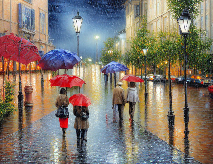 Colorful umbrellas on rain-soaked street with glowing lamps and trees