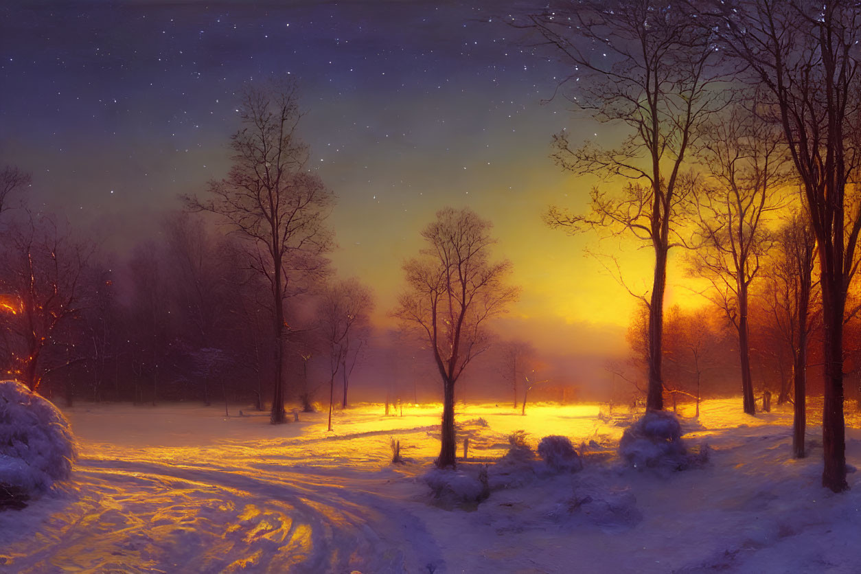 Snowy Winter Scene at Dusk with Starry Sky and Warm Light Spill