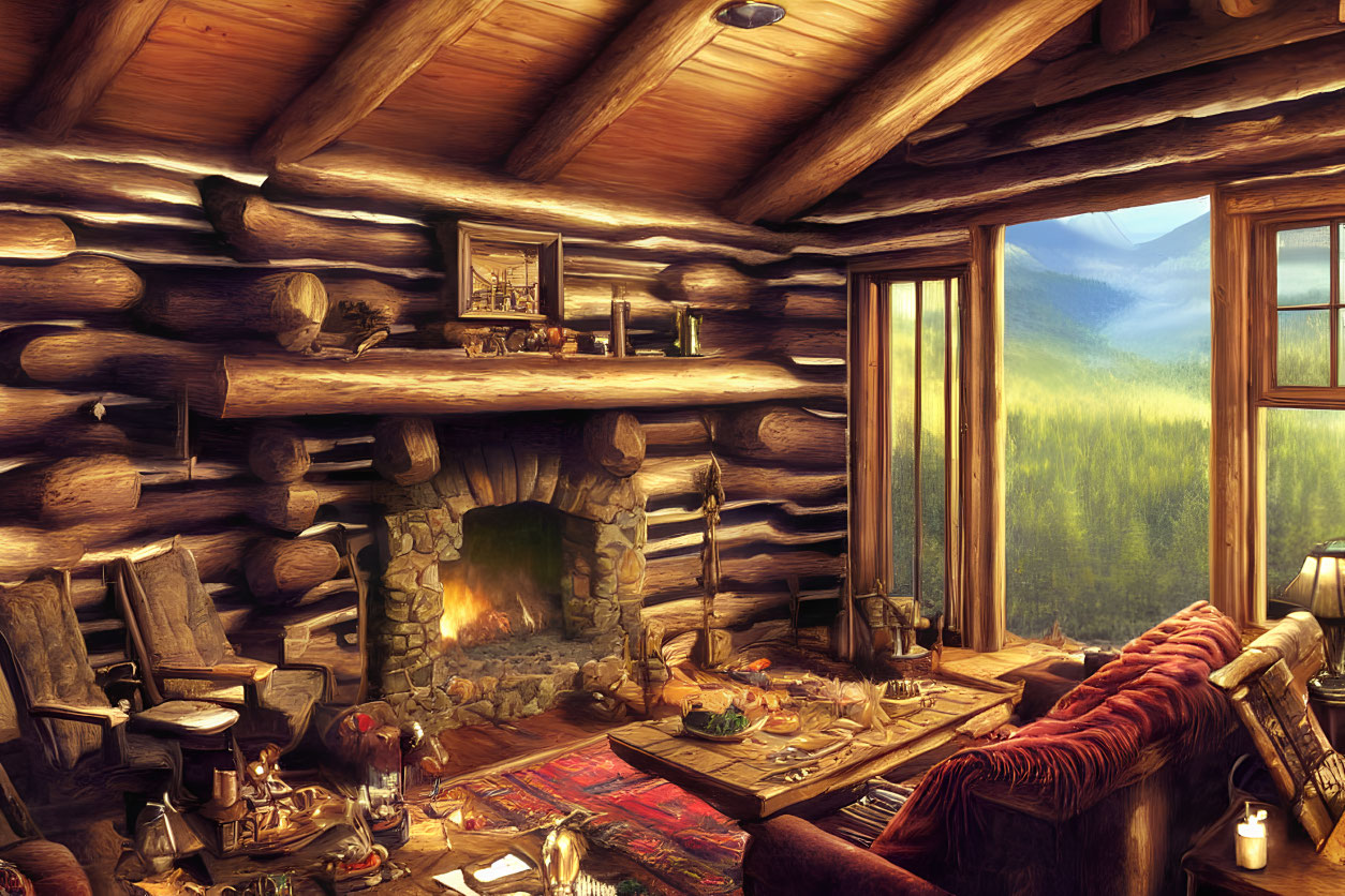 Rustic log cabin interior with fireplace, forest view, and natural light