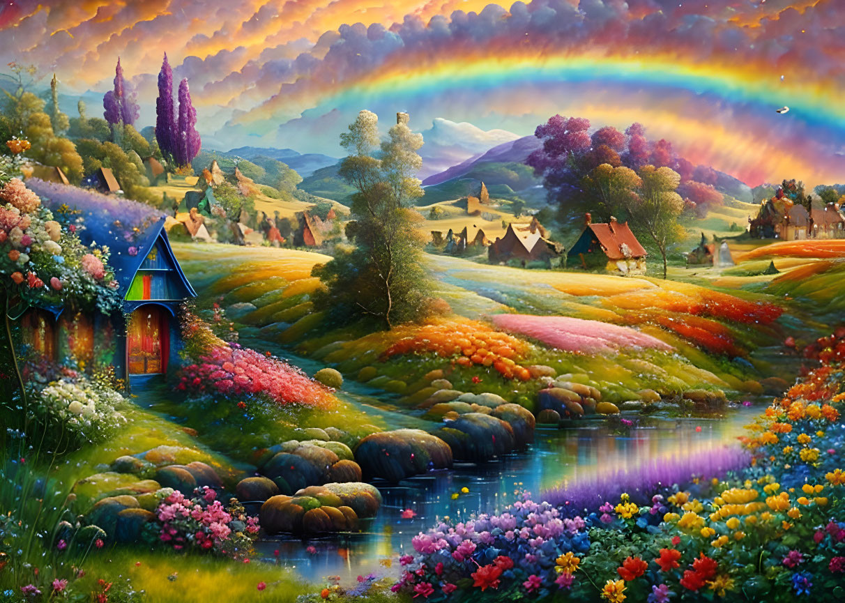 Lush valley with river, rainbow, flowers & cottage in vibrant landscape