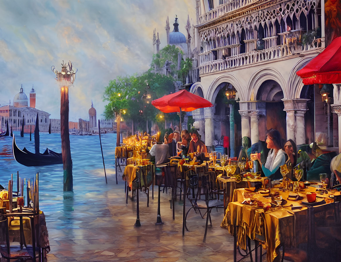 Canal-side outdoor dining in Venice with red umbrellas, gondola, and historic architecture.