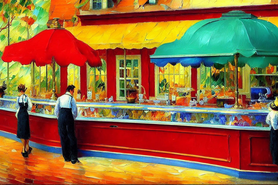 Vibrant street-side cafe painting with colorful patrons and red counter