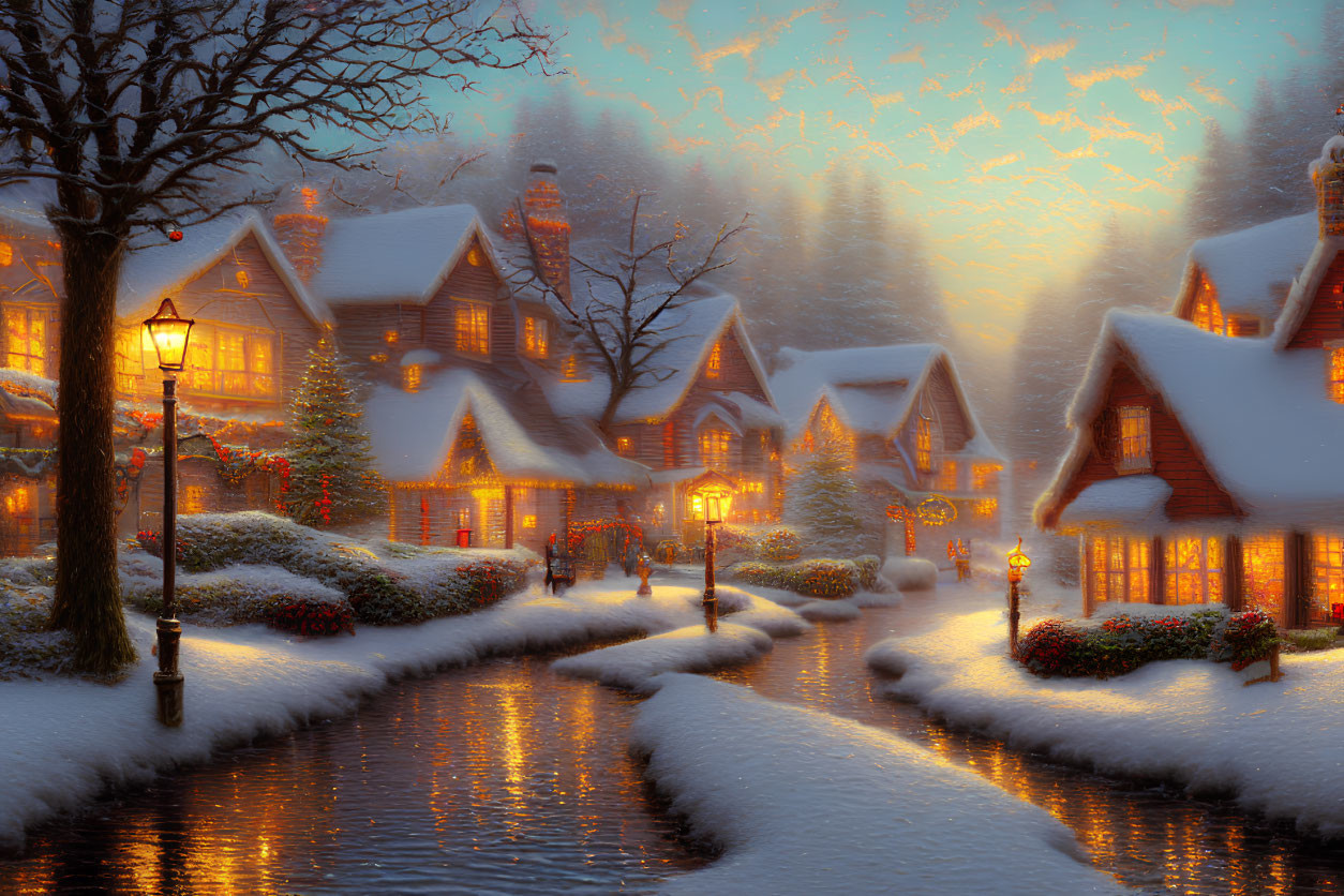 Snowy village with warmly lit cottages in twilight hues
