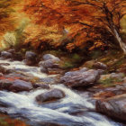 Tranquil autumn landscape with log cabin, stream, colorful trees, and fishing person