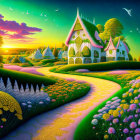 Colorful fantasy landscape with whimsical houses, flowering paths, sunset sky, birds, and lush green