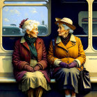 Elderly women chatting on bus with colorful coats and hats