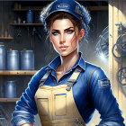 Stylized digital artwork of confident woman in blue mechanic's uniform