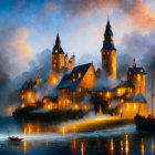Majestic castle by misty water with sailboats and dramatic sky
