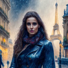 Long-haired woman in scarf on snowy Paris street with Eiffel Tower.