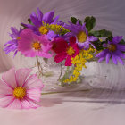 Multicolored Flower Bouquet in Glass Vase on Pastel Background