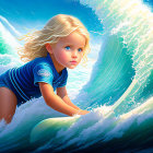 Blonde girl in blue wetsuit surfing vibrant animated wave