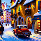 Snowy Evening Scene: Vibrant Town with Warmly Lit Houses, Pedestrians, and Classic