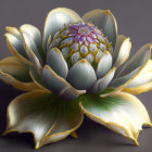 Detailed Lotus Flower with White and Gold Petals, Purple and Green Center, Dew Droplets