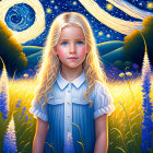 Blonde Girl in Purple Flower Field Under Starry Night Sky