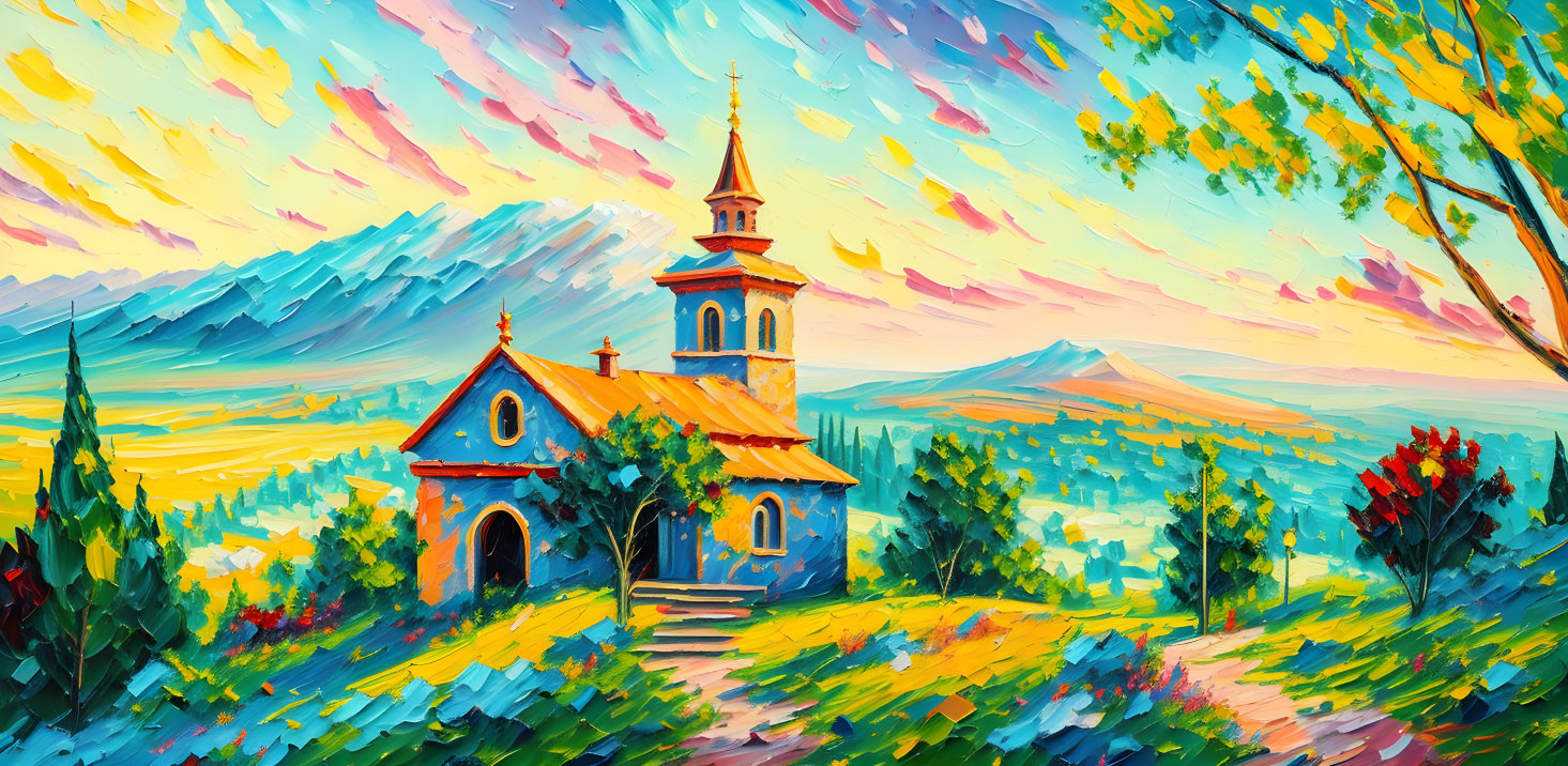 Colorful Impressionistic Painting of Church and Trees on Hills
