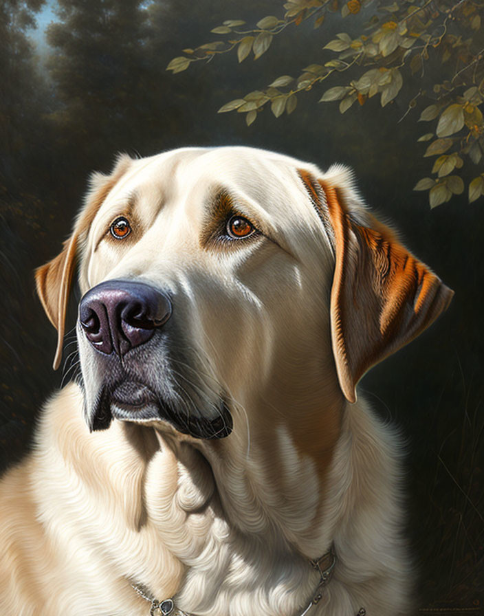 Tan Labrador Retriever Portrait with Calm Expression and Leafy Background