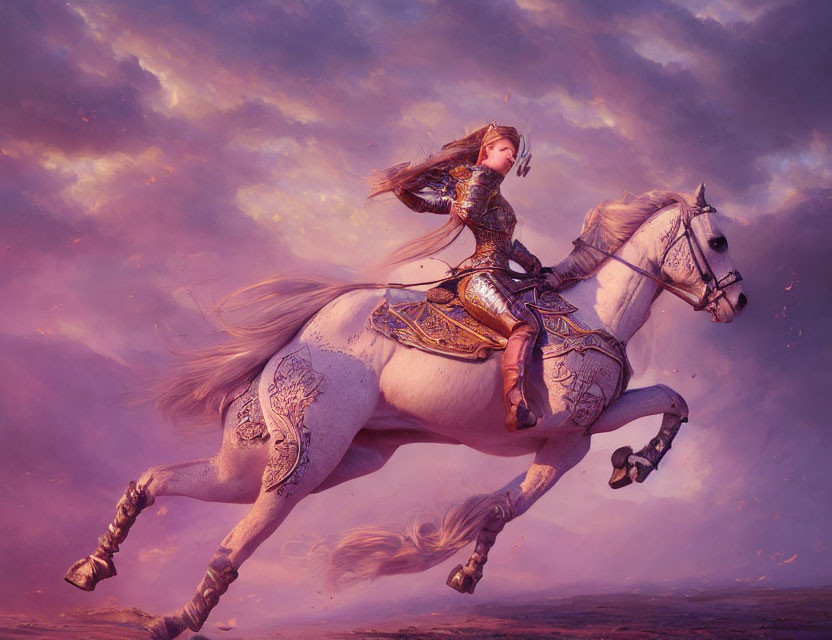 Female warrior in ornate armor riding white horse under dramatic purple sky