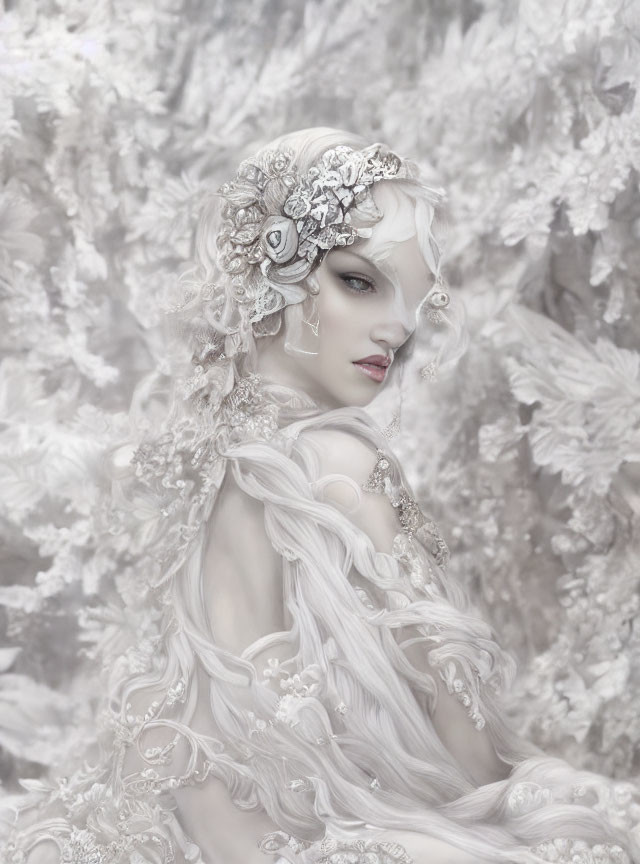 Pale woman in ornate silver headpiece and white gown on floral background