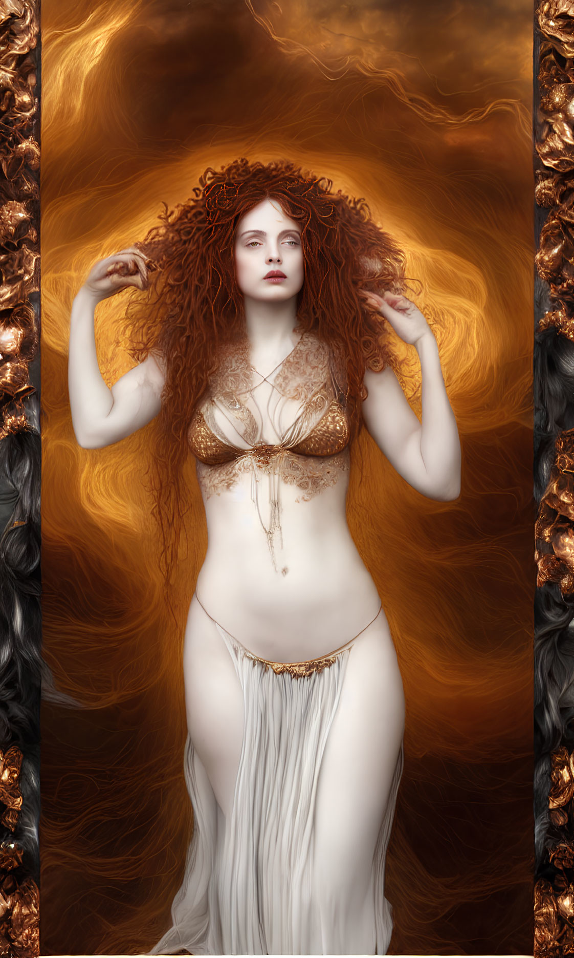 Digital artwork: Woman with red curly hair, golden bodice, white skirt, on swirling golden backdrop