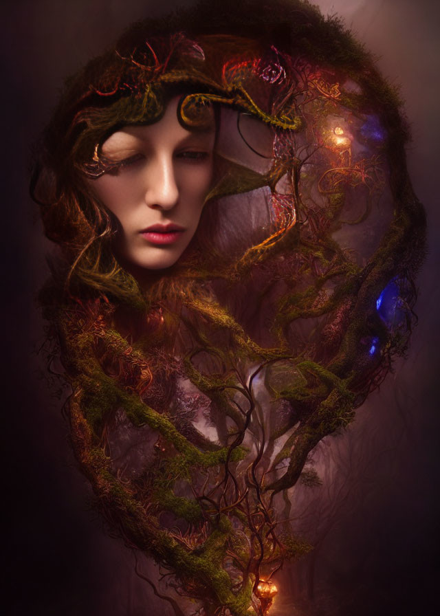 Surreal portrait of woman with obscured face and leaf crown on dark background