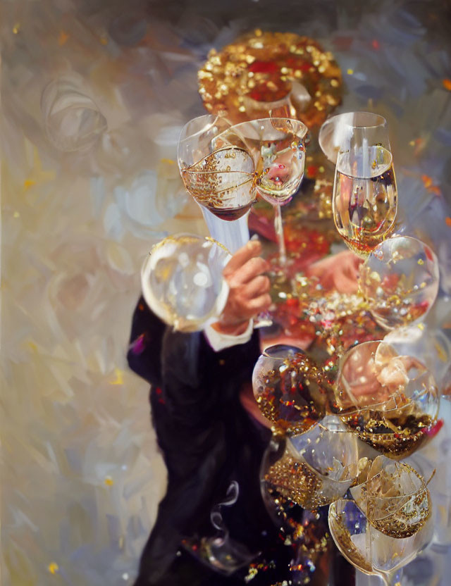 Colorful Painting of Toasting Wine Glasses with Hands and Sparkles