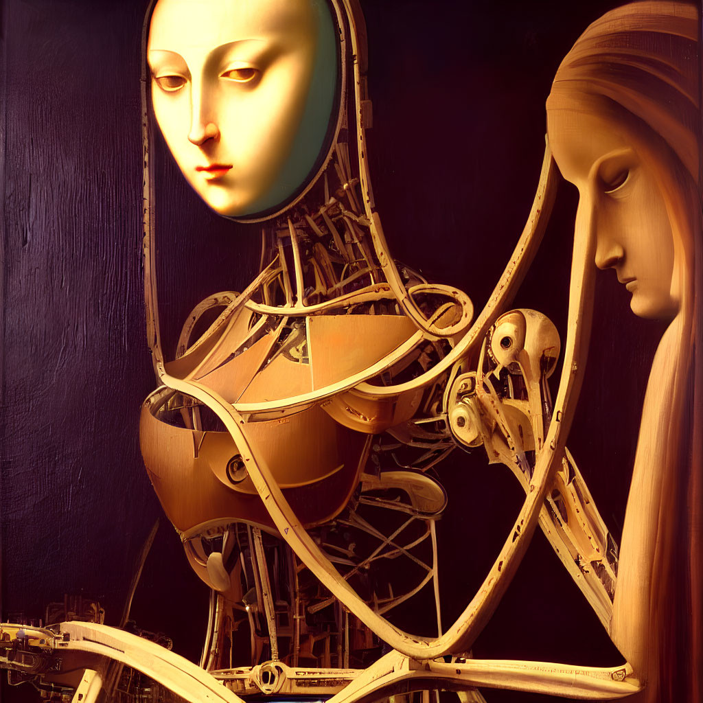 Robotic Mona Lisa with intricate mechanical parts beside shadowed figure