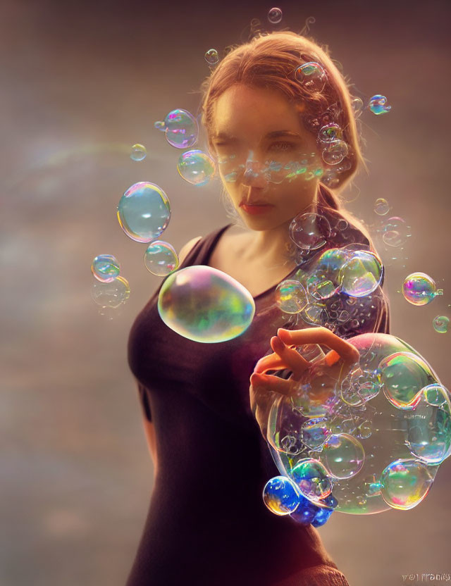 Light Brown-Haired Person Surrounded by Iridescent Bubbles on Warm-Toned Background