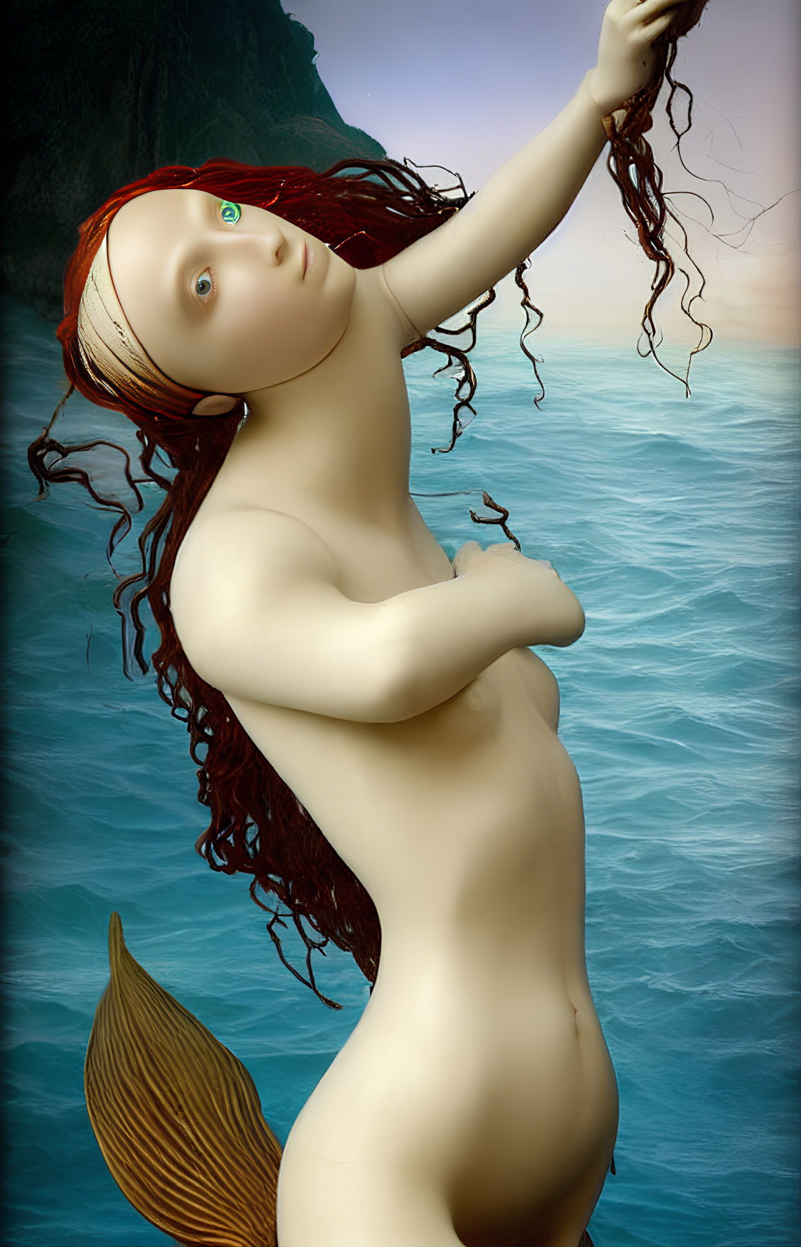 Mermaid with Red Hair and Green Eyes in Ocean Setting