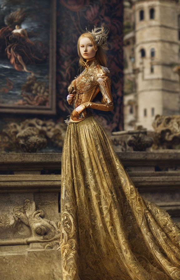 Doll in ornate gold dress with corset next to classical painting