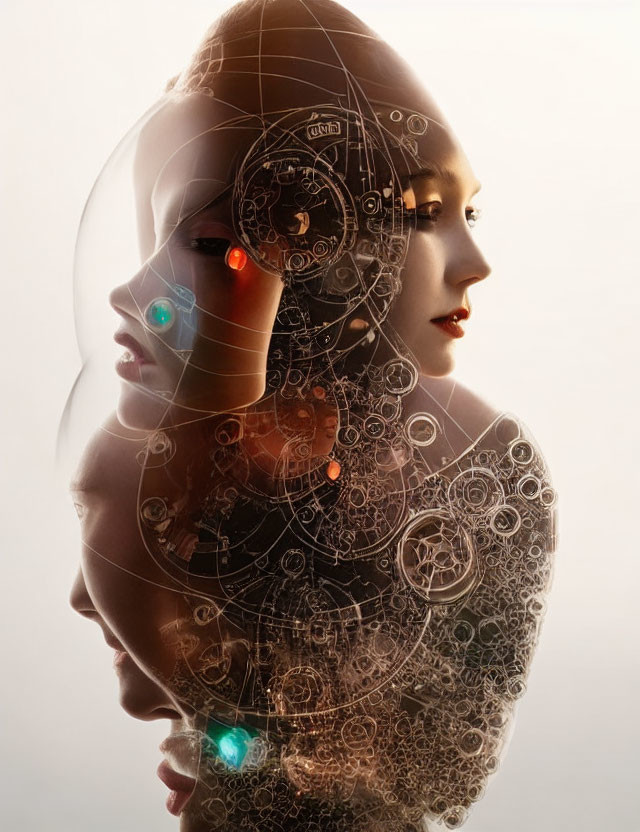Digital artwork: Human profile merges with mechanical gears, glowing elements for surreal cyborg aesthetic