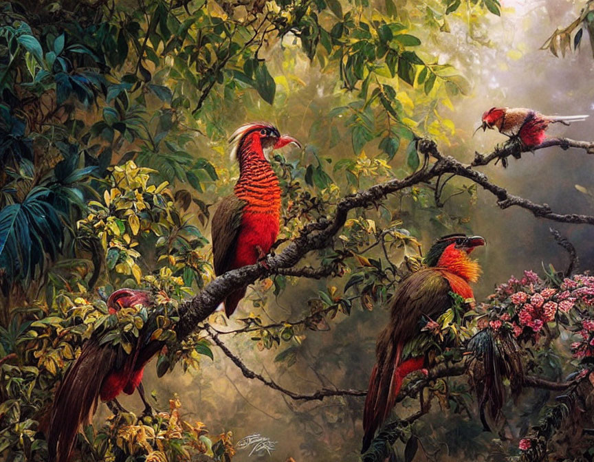 Vibrant Birds with Long Beaks in Lush Forest Setting