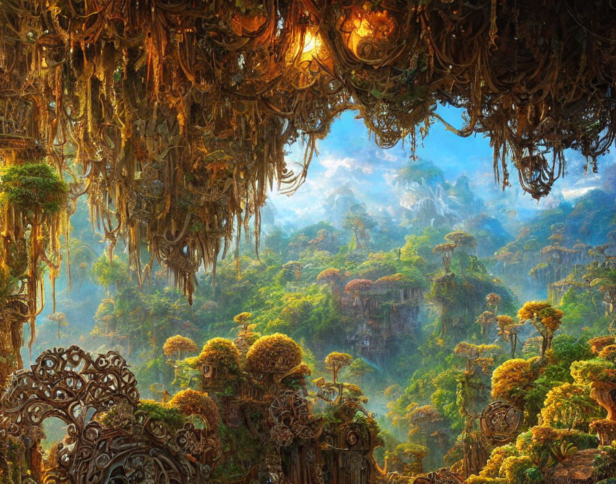 Fantastical landscape with lush forests and ornate structures
